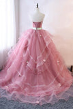 Ball Gown Pink Tulle Long Prom Dresses Strapless Lace up Quinceanera Dresses Rjerdress