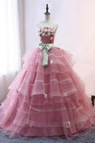 Ball Gown Pink Tulle Long Prom Dresses Strapless Lace up Quinceanera Dresses