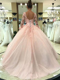 Ball Gown Pink V Neck Long Sleeve Appliques Prom Dresses with Lace up Quinceanera Dresses H1136 Rjerdress