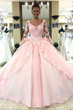Ball Gown Pink V Neck Long Sleeve Appliques Prom Dresses with Lace up Quinceanera Dresses H1136 Rjerdress