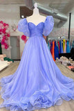 Ball Gown Princess Sweetheart Lavender Puff Sleeves Pleated Tulle Long Prom Dress With Slit Rjerdress