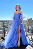 Ball Gown Princess Sweetheart Lavender Puff Sleeves Pleated Tulle Long Prom Dress With Slit