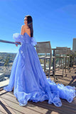 Ball Gown Princess Sweetheart Lavender Puff Sleeves Pleated Tulle Long Prom Dress With Slit Rjerdress