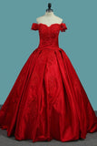 Ball Gown Prom Dresses Off The Shoulder Satin With Applique Sweep Train Rjerdress