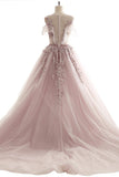 Ball Gown Prom Dresses Scoop Brush Train Appliques Fairy Dress Tulle Evening Dress Rjerdress