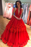 Ball Gown Red Deep V Neck Tulle Prom Dresses Long Appliques Quinceanera Dresses RJS714