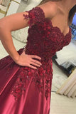 Ball Gown Red Lace Appliques Prom Dresses Off the Shoulder Quinceanera Dresses RJS500