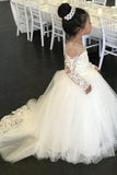 Ball Gown Round Neck Long Sleeves Tulle Bowknot Flower Girl Dress with Appliques Rjerdress