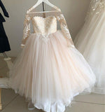 Ball Gown Round Neck Long Sleeves Tulle Bowknot Flower Girl Dress with Appliques Rjerdress