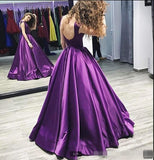 Ball Gown Satin Sleeveless Bateau Purple Backless Prom Dresses UK RJS420 Rjerdress