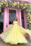Ball Gown Spaghetti Straps Satin Bodice 3D Flowers Long Prom Dresses With Back Lace Up