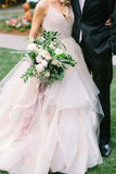 Ball Gown Spaghetti Straps V Neck Backless Asymmetrical Pink Long Wedding Dresses Rjerdress