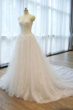 Ball Gown Strapless Lace Appliques A Line Chapel Train Wedding Dress with Beading Rjerdress