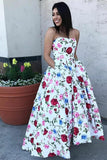 Ball Gown Strapless White Floral Print Prom Dresses with Pockets Dance Dresses RJS724