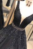 Ball Gown Straps Black V Neck Lace Appliques Prom Dresses Beads V Back Dance Dress RJS709 Rjerdress