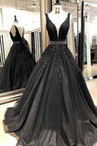 Ball Gown Straps Black V Neck Lace Appliques Prom Dresses Beads V Back Dance Dress RJS709
