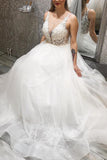 Ball Gown Straps Lace Appliques A Line Chapel Train Wedding Dress with Appliques RJS297