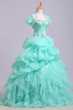 Ball Gown Sweetheart Organza Beads Lace up Ruffles Tiffany Blue Prom Quinceanera Dresses RJS178 Rjerdress
