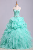 Ball Gown Sweetheart Organza Beads Lace up Ruffles Tiffany Blue Prom Quinceanera Dresses RJS178