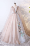 Ball Gown V Neck Tulle Prom Dress With Appliques, Unique Floor Length Quinceanera Dresses Rjerdress