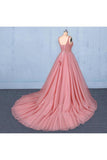 Ball Gown V Neck Tulle Prom Dress With Beads, Puffy Sleeveless Quinceanera Dresses Rjerdress