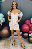 Balloon Sleeve Lace Appliques Sweetheart Homecoming Cocktail Dresses H1212 Rjerdress