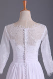Bateau 3/4 Length Sleeve A Line Bridal Dresses Chiffon With Applique & Handmade Flower Rjerdress