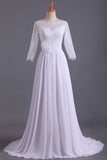 Bateau 3/4 Length Sleeve A Line Bridal Dresses Chiffon With Applique & Handmade Flower Rjerdress