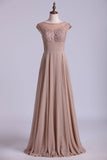 Bateau A-Line Party Dresses Chiffon With Beads And Applique Floor Length