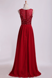 Bateau Party Dresses A Line Floor Length With Embroidery&Beads Chiffon&Tulle Rjerdress