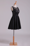 Bateau Short Hoco Dresses A Line Satin With Applique & Beading New Rjerdress