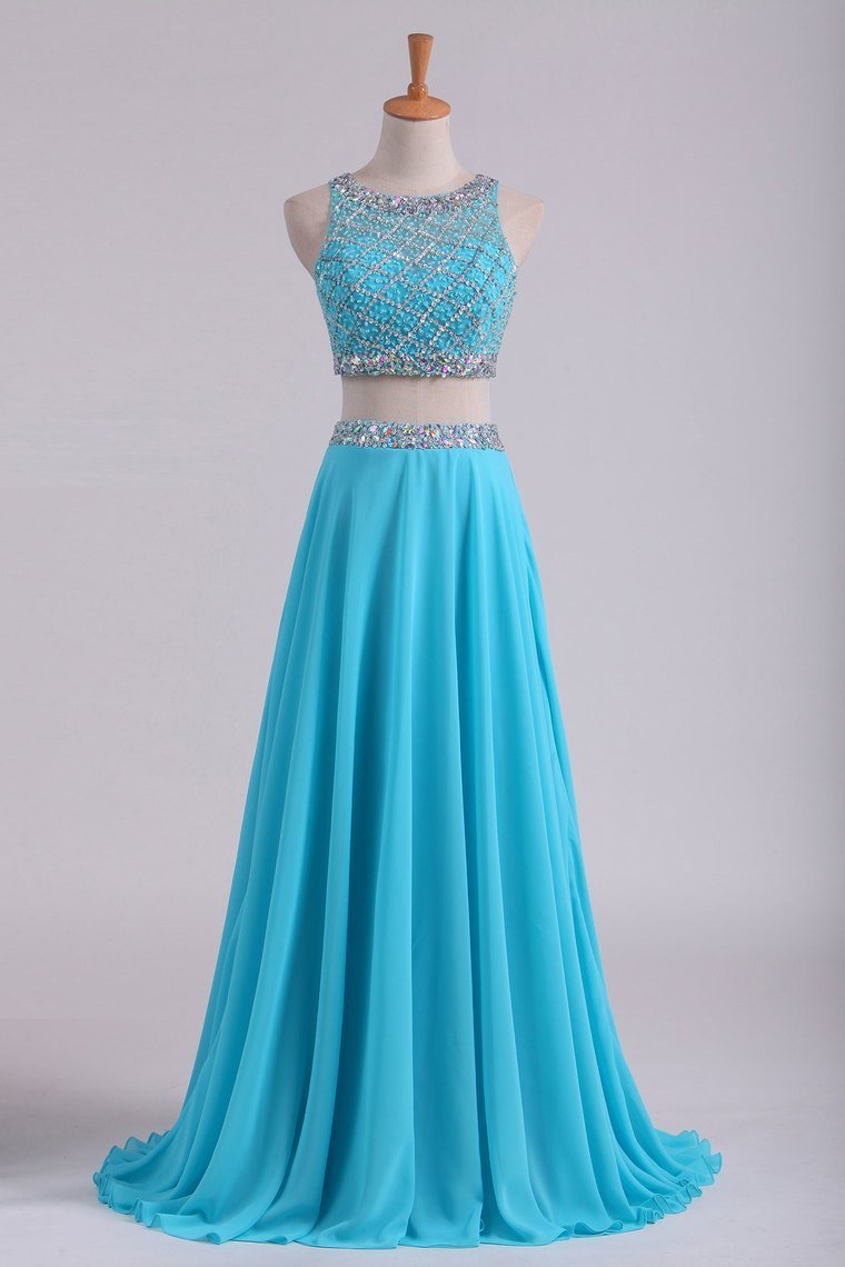 Bateau Two Pieces Party Dresses A Line Beaded Bodice Open Back Floor Length Chiffon & Tulle Rjerdress