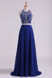 Bateau Two Pieces Party Dresses Dark Royal Blue A Line Beaded Bodice Open Back Floor Length Chiffon & Tulle Rjerdress