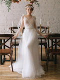 Beach V Neck Wedding Dresses A Line Tulle With Pearls Court Train