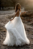Beach Wedding Dresses Spaghetti Straps Tulle With Applique A Line Open Back