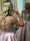 Beaded Satin Ball Gown Backless V Neck Sparkly Long Prom Dresses with Pockets RJS94 Rjerdress