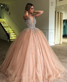 Beaded Tulle Deep Illusion V Neck Ball Gown Prom Dress Floor Length Quinceanera Dress Rjerdress