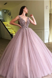 Beaded Tulle Deep Illusion V Neck Ball Gown Prom Dress Floor Length Quinceanera Dress
