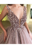 Beaded Tulle Deep Illusion V Neck Ball Gown Prom Dress Floor Length Quinceanera Dress Rjerdress