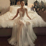 Beaded Tulle Skirt Spaghetti Straps Long Wedding Gown Beach A line Illusion Women Bride Dress Rjerdress