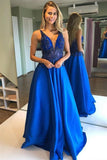 Beading Real Made V Neck Blue Satin Long Evening Dresses Prom Dresses On Sale RJS220 Rjerdress