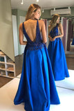 Beading Real Made V Neck Blue Satin Long Evening Dresses Prom Dresses On Sale RJS220 Rjerdress