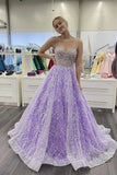Beautiful A Line Spaghetti Straps Sweetheart Neck Purple Tulle Rhinestone Long Prom Dresses RJS32