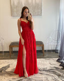 Beautiful A Line Spaghetti Straps Sweetheart Red Tulle Prom Dresses with Appliques & Slit