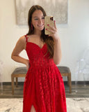 Beautiful A Line Spaghetti Straps Sweetheart Red Tulle Prom Dresses with Appliques & Slit Rjerdress