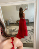 Beautiful A Line Spaghetti Straps Sweetheart Red Tulle Prom Dresses with Appliques & Slit Rjerdress