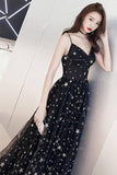 Beautiful Black Prom Dresses Spaghetti Straps V Neck Tulle Long Prom Gowns with Stars P1039 Rjerdress