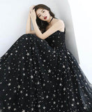 Beautiful Black Prom Dresses Spaghetti Straps V Neck Tulle Long Prom Gowns with Stars P1039 Rjerdress