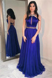 Beautiful Halter Open Back Royal Blue Long A-Line Simple Prom Dresses Rjerdress
