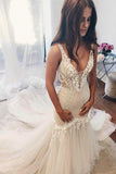 Beautiful Lace Tulle V-Neck Mermaid Ivory Sexy Sleeveless Backless Wedding Dresses Rjerdress